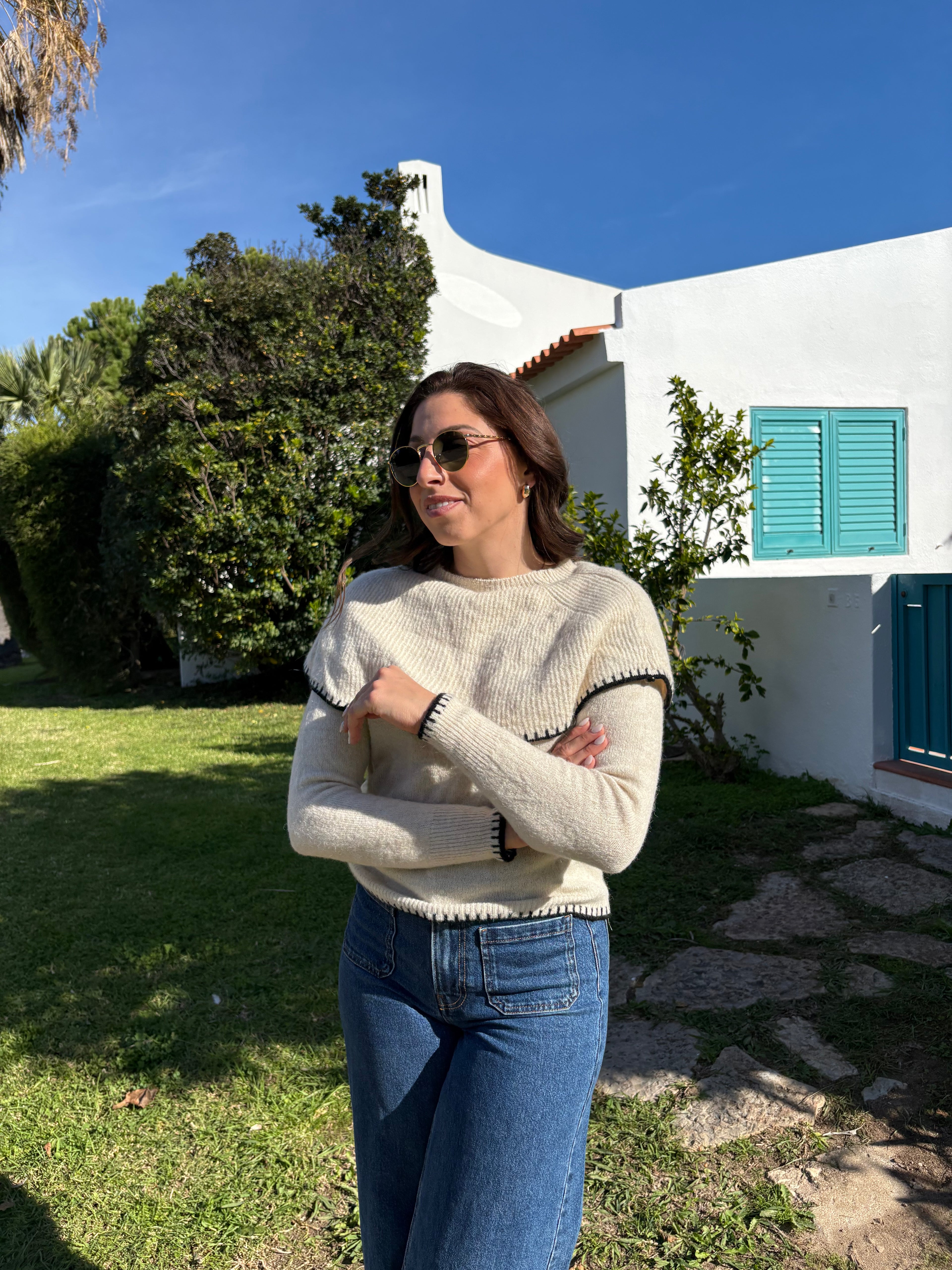 Contrast Trim Capelet Sweater